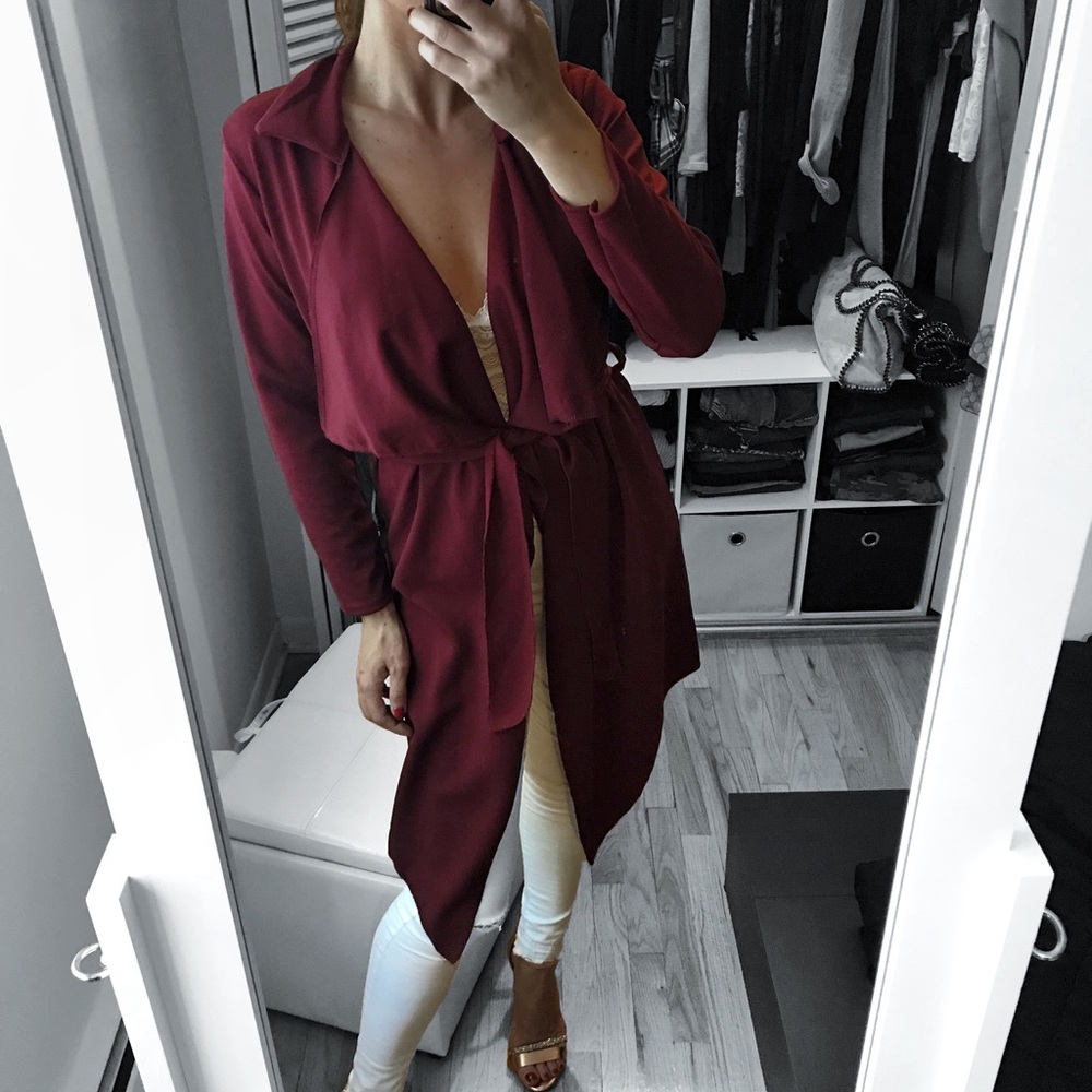 Wine Waterfall Collar Tie Waist Jacket
